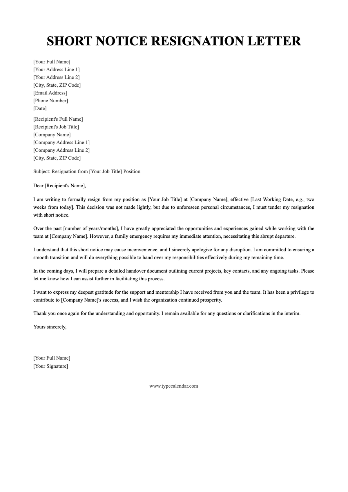 Short notice resignation letter template with placeholder fields_variant_1